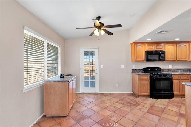 26969 Lakeview Dr, Helendale, CA 92342 - kitchen featuring black appliances, ceiling fan, lofted ceiling, and recessed lighting