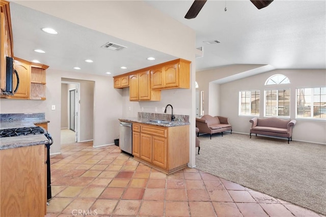 26969 Lakeview Dr, Helendale, CA 92342 - kitchen with open floor plan, stainless steel dishwasher, black gas range oven, ceiling fan, and recessed lighting