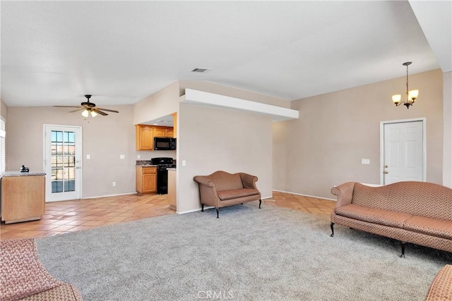 26969 Lakeview Dr, Helendale, CA 92342 - living area featuring ceiling fan, light tile patterned flooring, light carpet, and a chandelier