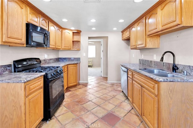 26969 Lakeview Dr, Helendale, CA 92342 - kitchen with black appliances, recessed lighting, stone counters, open shelves, and light tile patterned floors