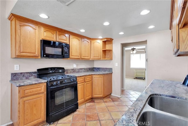 26969 Lakeview Dr, Helendale, CA 92342 - kitchen featuring black appliances, a ceiling fan, and recessed lighting
