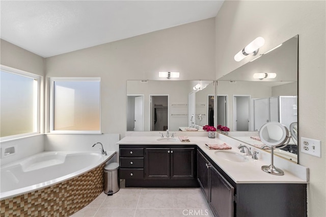 40236 Holden Cir, Temecula, CA 92591 - full bathroom with double vanity, a garden tub, tile patterned flooring, a stall shower, and high vaulted ceiling