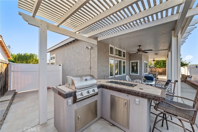 40236 Holden Cir, Temecula, CA 92591 - view of patio with an outdoor kitchen, an outdoor bar, ceiling fan, and a pergola