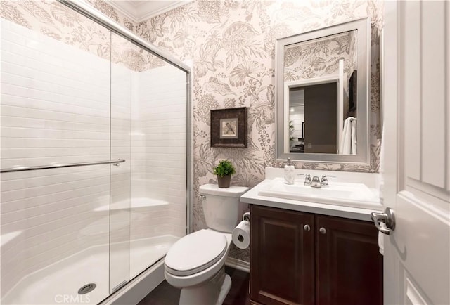 11829 Confluence Dr, Jurupa Valley, CA 91752 - full bathroom with wallpapered walls, vanity, a shower stall, and crown molding