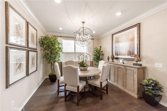 11829 Confluence Dr, Jurupa Valley, CA 91752 - dining room featuring a chandelier, dark wood-type flooring, recessed lighting, and crown molding
