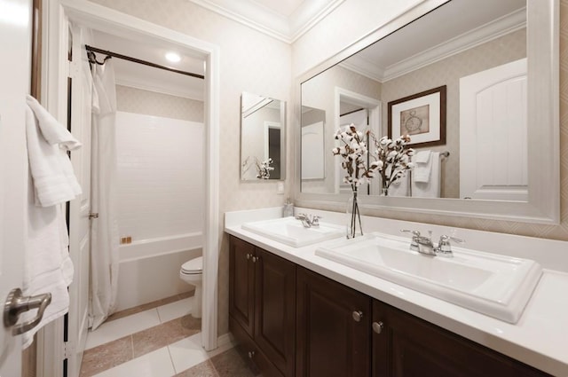 11829 Confluence Dr, Jurupa Valley, CA 91752 - bathroom with double vanity, ornamental molding, shower / washtub combination, and tile patterned flooring