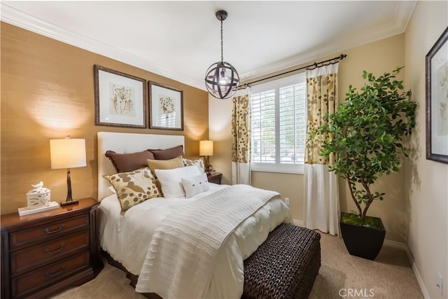 11829 Confluence Dr, Jurupa Valley, CA 91752 - bedroom featuring light colored carpet, crown molding, and a chandelier