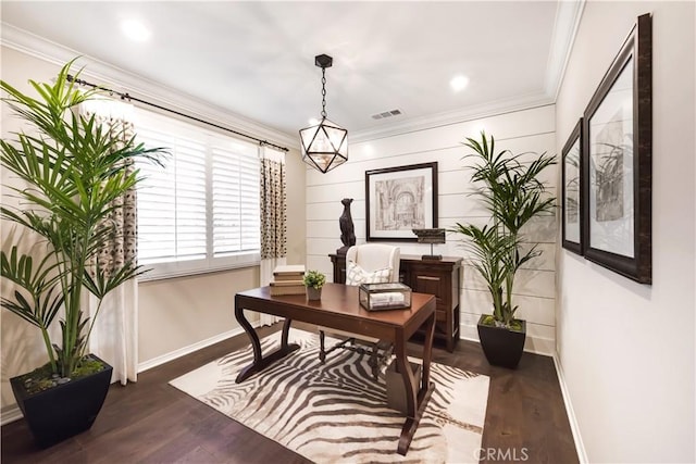 11829 Confluence Dr, Jurupa Valley, CA 91752 - office area with dark wood-style floors, crown molding, and recessed lighting