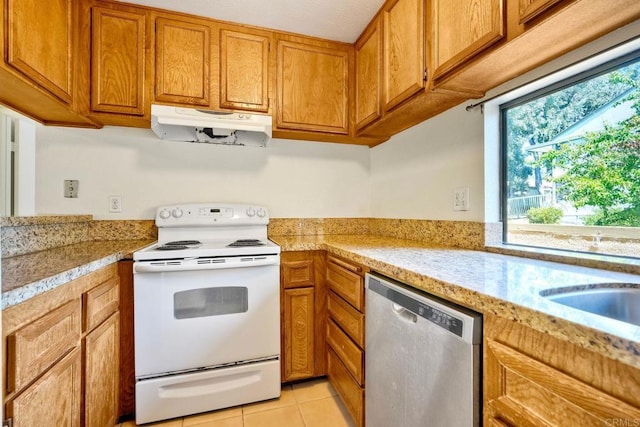6180 Agee St Unit 159, University City, CA 92122 - kitchen with stainless steel dishwasher, white electric stove, under cabinet range hood, brown cabinets, and light tile patterned floors