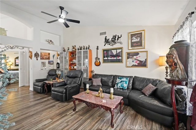 44505 Shadowcrest Dr, Lancaster, CA 93536 - living area with wood finished floors, a ceiling fan, and lofted ceiling