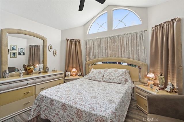 44505 Shadowcrest Dr, Lancaster, CA 93536 - bedroom featuring wood finished floors, lofted ceiling, and ceiling fan