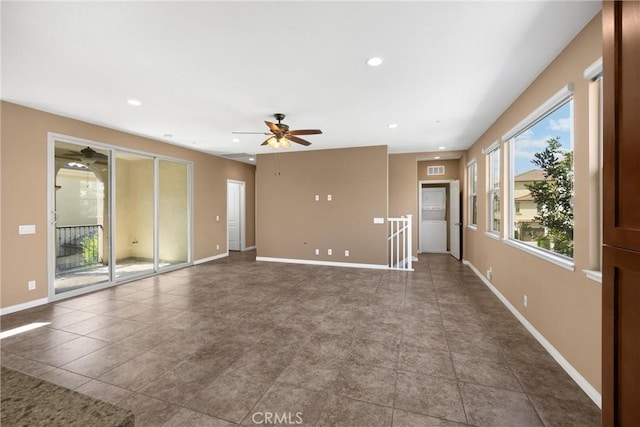 403 Sevilla Dr, Brea, CA 92823 - unfurnished living room with ceiling fan, plenty of natural light, recessed lighting, and tile patterned flooring