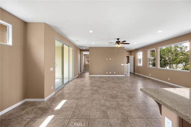 403 Sevilla Dr, Brea, CA 92823 - unfurnished living room with recessed lighting, ceiling fan, and light tile patterned flooring