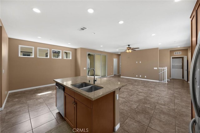 403 Sevilla Dr, Brea, CA 92823 - kitchen featuring stainless steel dishwasher, an island with sink, recessed lighting, tile patterned flooring, and a ceiling fan