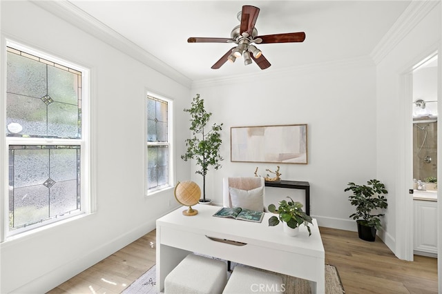 19 Dennis Ln, Ladera Ranch, CA 92694 - office area featuring plenty of natural light, light wood-style floors, crown molding, and a ceiling fan