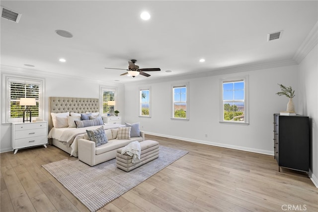 19 Dennis Ln, Ladera Ranch, CA 92694 - bedroom with ornamental molding, light wood-type flooring, recessed lighting, multiple windows, and a ceiling fan
