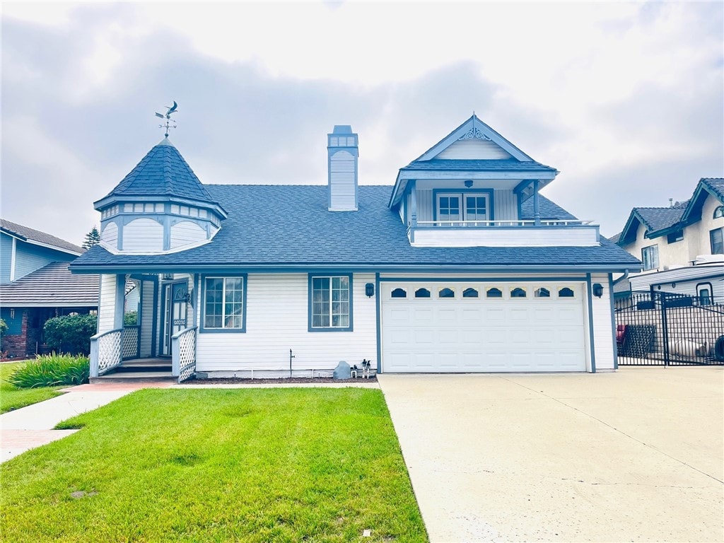 13625 Daisy Ct, Chino, CA 91710 - victorian house featuring driveway, a balcony, a chimney, a garage, and a shingled roof