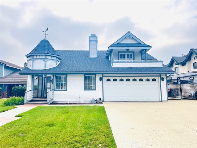 13625 Daisy Ct, Chino, CA 91710 - victorian house featuring driveway, a balcony, a chimney, a garage, and a shingled roof