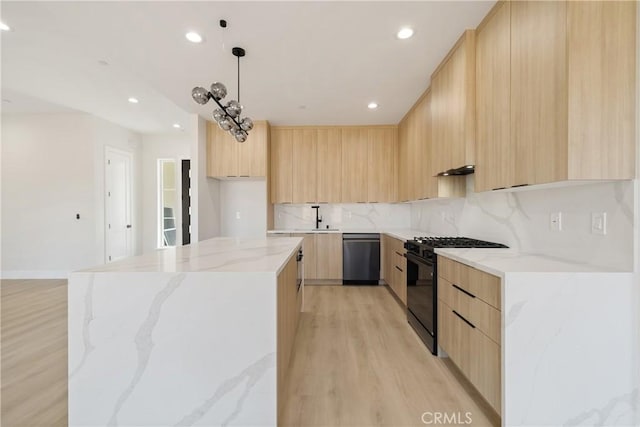 6638 Dolores Dr, Paradise, CA 95969 - kitchen featuring modern cabinets, black gas range oven, light brown cabinetry, and recessed lighting