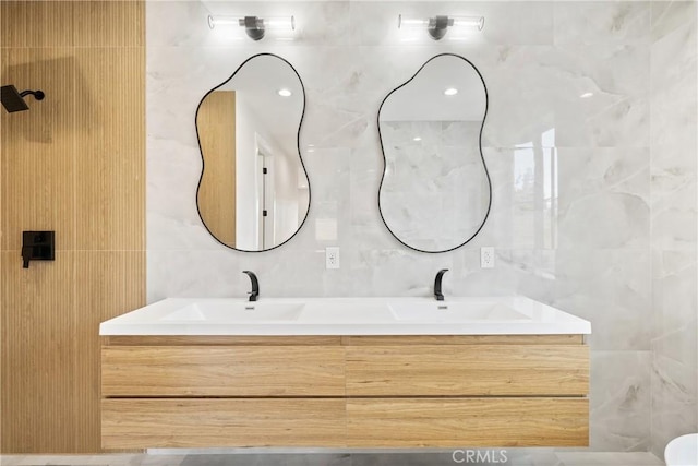 6638 Dolores Dr, Paradise, CA 95969 - bathroom with tile walls and double vanity