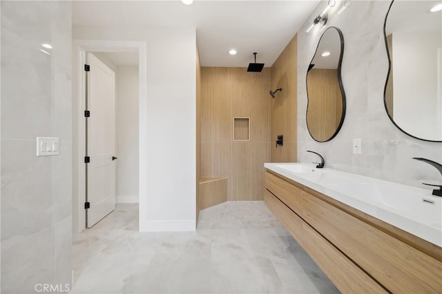 6638 Dolores Dr, Paradise, CA 95969 - bathroom featuring double vanity, a shower, and recessed lighting