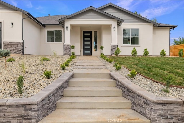 6638 Dolores Dr, Paradise, CA 95969 - doorway to property with stucco siding and stone siding