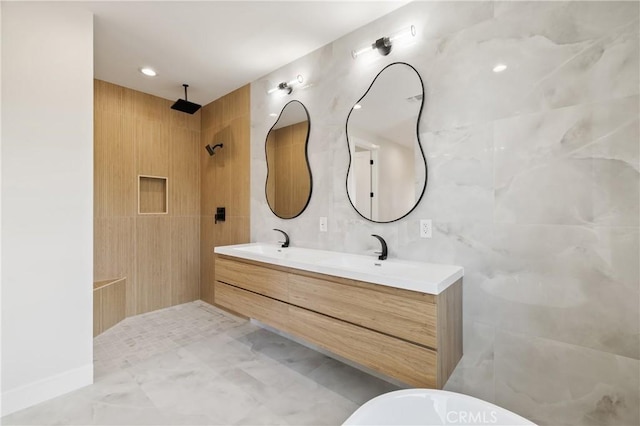 6638 Dolores Dr, Paradise, CA 95969 - bathroom featuring walk in shower, double vanity, and tile walls