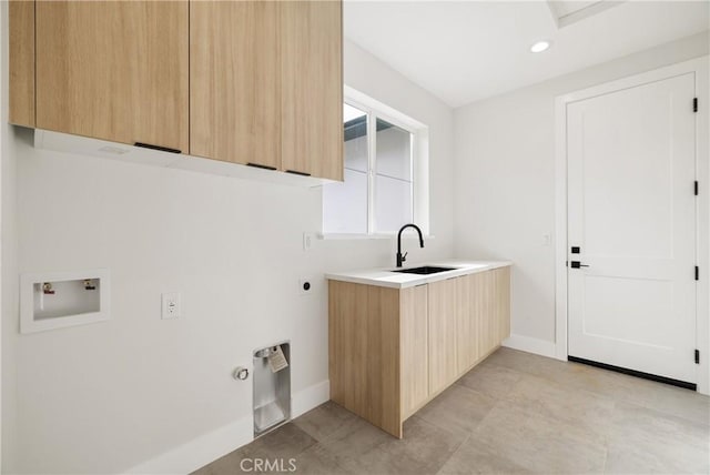 6638 Dolores Dr, Paradise, CA 95969 - washroom with cabinet space, hookup for a washing machine, hookup for an electric dryer, light tile patterned flooring, and recessed lighting