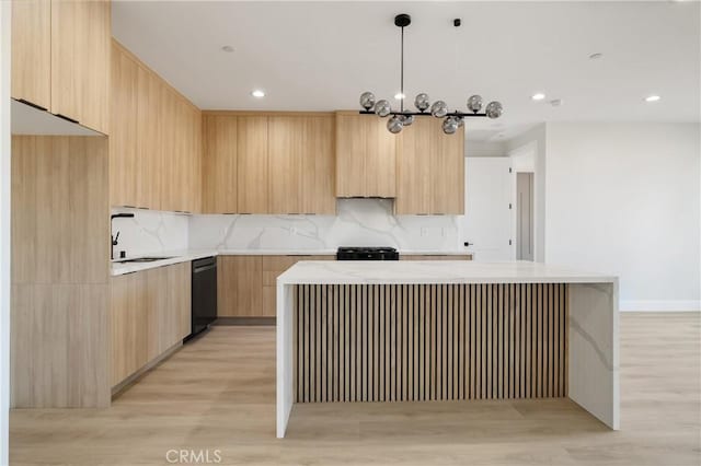 6638 Dolores Dr, Paradise, CA 95969 - kitchen with modern cabinets, light brown cabinetry, decorative backsplash, dishwashing machine, and recessed lighting