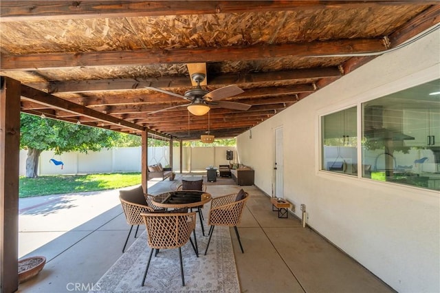 8873 Reche Canyon Rd, Colton, CA 92324 - fenced backyard featuring ceiling fan and a patio
