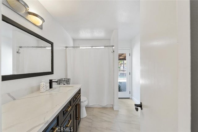 8873 Reche Canyon Rd, Colton, CA 92324 - bathroom featuring a shower with shower curtain, vanity, and marble finish flooring
