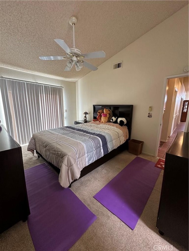 37510 Conifer Dr, Palmdale, CA 93550 - bedroom with carpet, a textured ceiling, vaulted ceiling, and ceiling fan