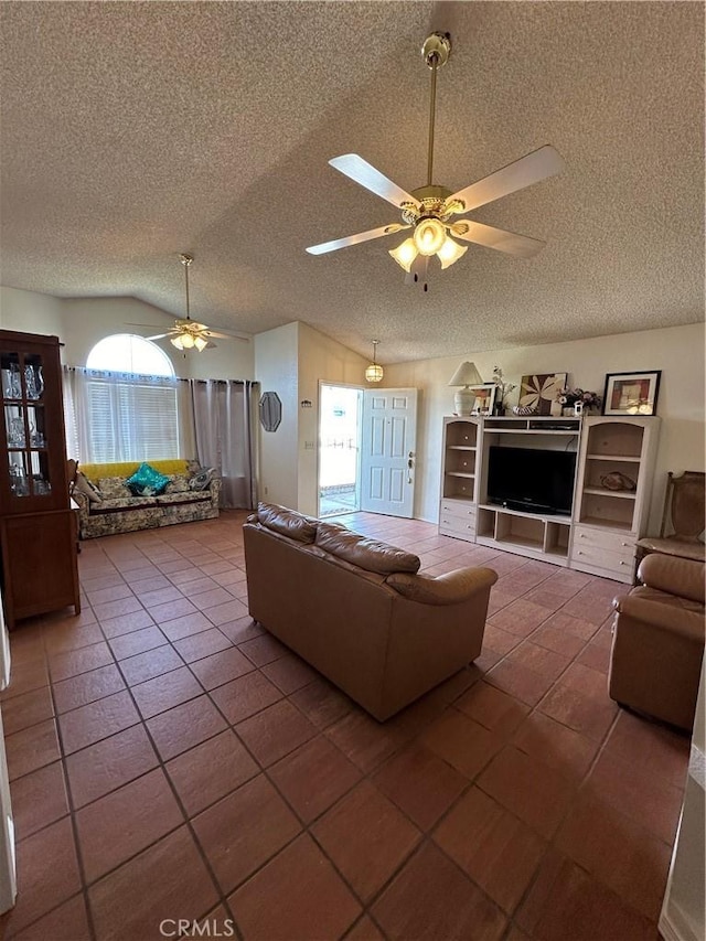 37510 Conifer Dr, Palmdale, CA 93550 - tiled living area featuring ceiling fan, a textured ceiling, and vaulted ceiling