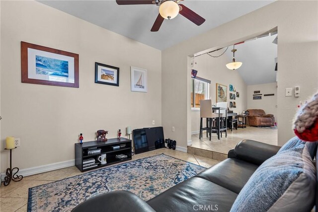 27124 Cabrera Ave, Saugus, CA 91350 - living room featuring a ceiling fan, lofted ceiling, and tile patterned flooring