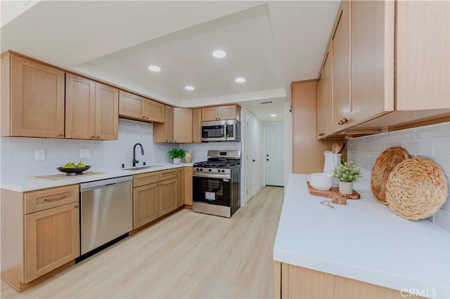 1615 Via Linda Unit 16, Fullerton, CA 92833 - kitchen featuring stainless steel appliances, light wood-type flooring, light countertops, backsplash, and recessed lighting