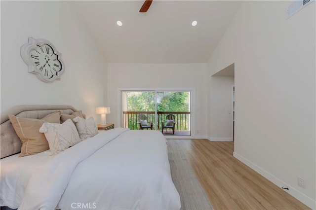 1615 Via Linda Unit 16, Fullerton, CA 92833 - bedroom with light wood finished floors, high vaulted ceiling, recessed lighting, and ceiling fan