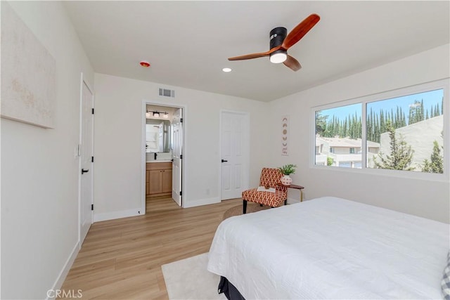 1615 Via Linda Unit 16, Fullerton, CA 92833 - bedroom featuring light wood-style floors, recessed lighting, ensuite bathroom, and ceiling fan