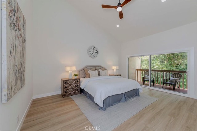 1615 Via Linda Unit 16, Fullerton, CA 92833 - bedroom featuring wood finished floors, high vaulted ceiling, access to outside, recessed lighting, and ceiling fan
