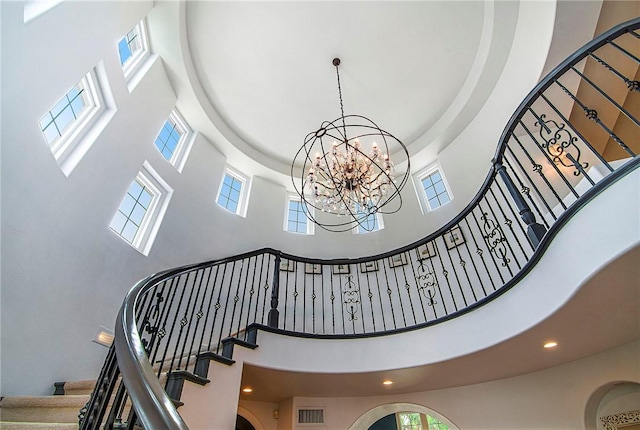 3417 Kildare Ct, Burbank, CA 91504 - staircase featuring a high ceiling, a chandelier, and recessed lighting