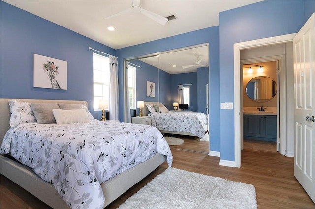 3417 Kildare Ct, Burbank, CA 91504 - bedroom with wood finished floors, a closet, a ceiling fan, and recessed lighting