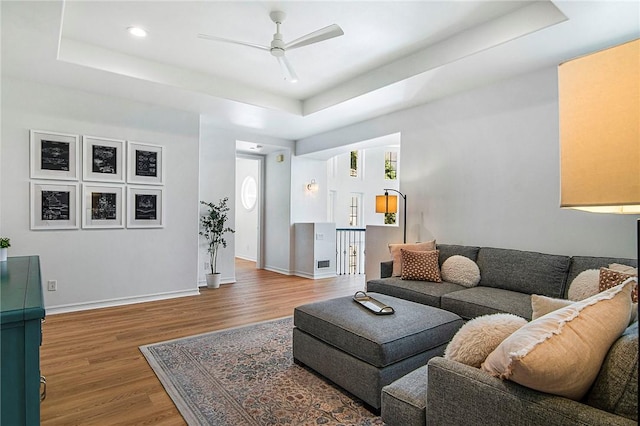 3417 Kildare Ct, Burbank, CA 91504 - living room featuring a tray ceiling, wood finished floors, ceiling fan, and recessed lighting