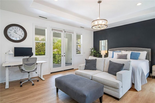 3417 Kildare Ct, Burbank, CA 91504 - bedroom with french doors, multiple windows, access to outside, light wood-style floors, and recessed lighting
