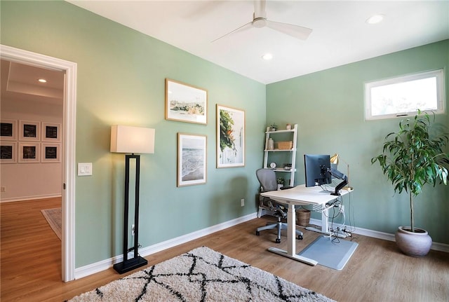 3417 Kildare Ct, Burbank, CA 91504 - office area featuring ceiling fan, wood finished floors, and recessed lighting