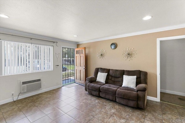 390 N 1st St Unit 23, El Cajon, CA 92021 - tiled living room featuring ornamental molding, a textured ceiling, a wall mounted AC, and recessed lighting