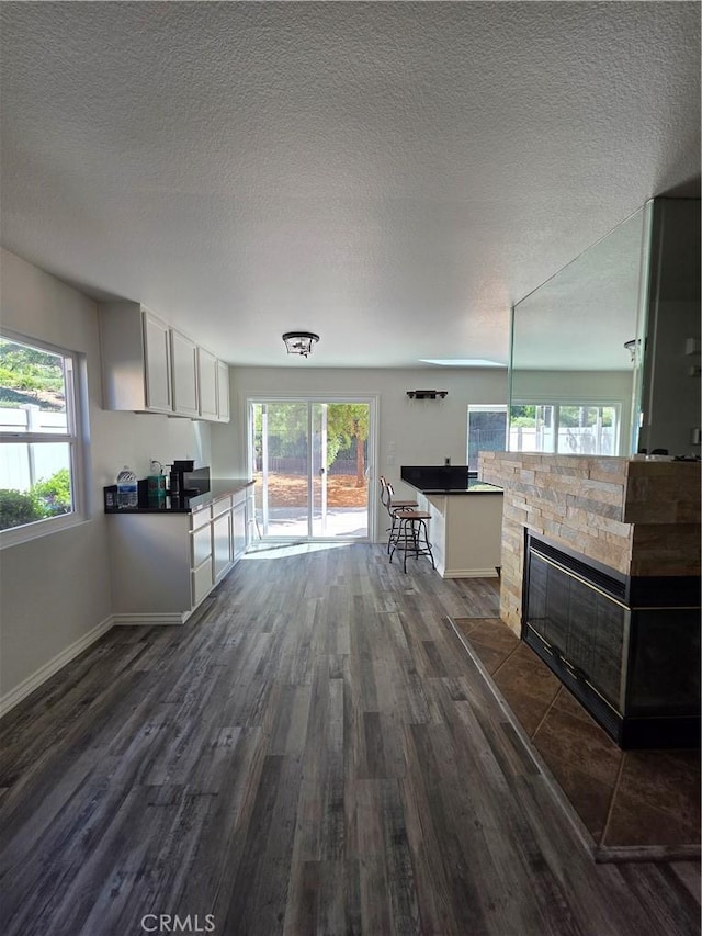 29390 Crest View Ln, Highland, CA 92346 - living area featuring dark wood finished floors, healthy amount of natural light, a textured ceiling, and a stone fireplace