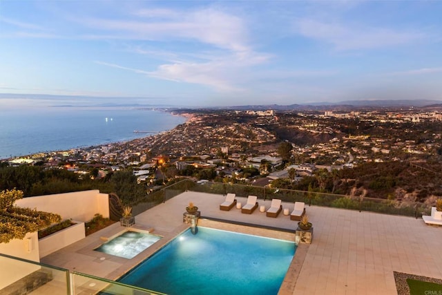 2082 Via Casa Alta, La Jolla, CA 92037 - view of pool featuring an in-ground hot tub, a patio area, a fenced backyard, and a water view