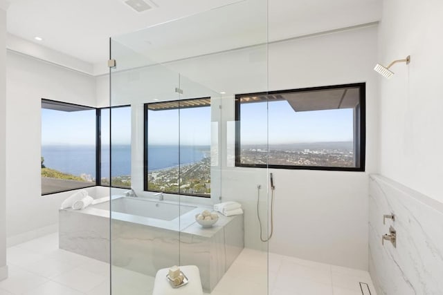 2082 Via Casa Alta, La Jolla, CA 92037 - full bath featuring a marble finish shower, a bath, tile patterned floors, and a water view