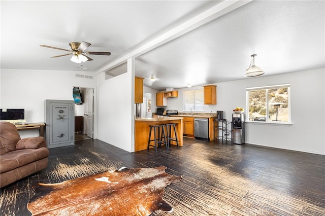 41605 De Portola Rd, Temecula, CA 92592 - living room with dark wood-style floors, vaulted ceiling, and ceiling fan