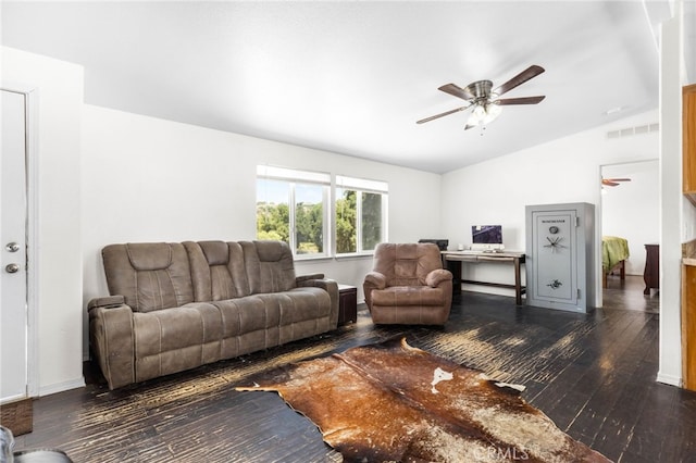 41605 De Portola Rd, Temecula, CA 92592 - living area featuring hardwood / wood-style flooring, vaulted ceiling, and ceiling fan