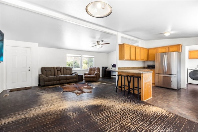 41605 De Portola Rd, Temecula, CA 92592 - living area featuring washer / clothes dryer, vaulted ceiling, and ceiling fan